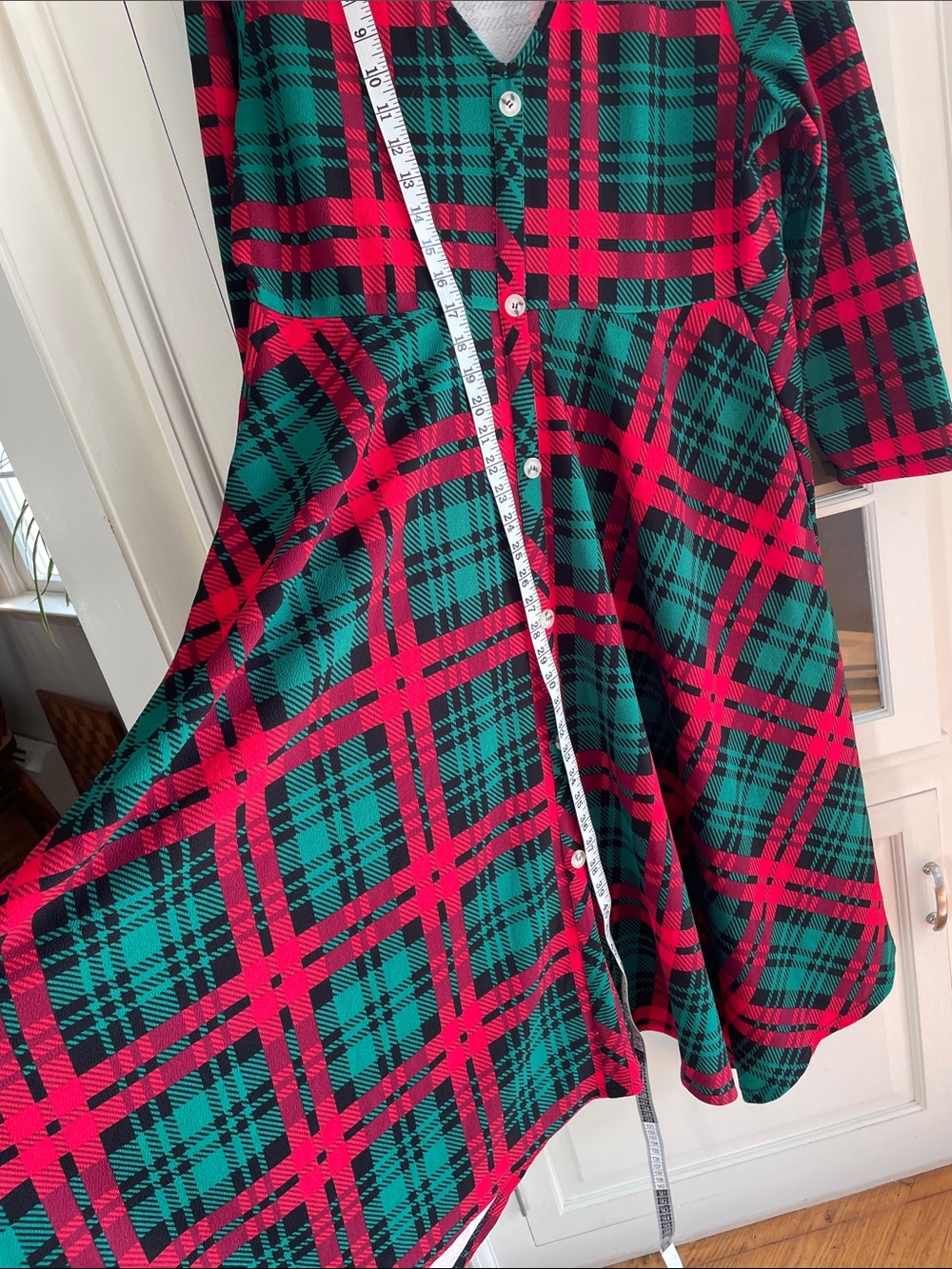 BloomChic Red & Green Plaid Button-Front V-Neck Long Sleeve Dress with Hanky Hem - Picture 6 of 10